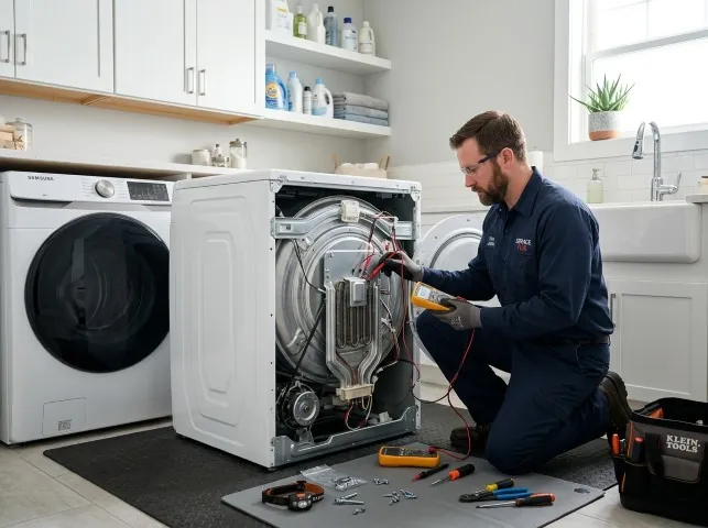 Appliance Repair Hero technician checking a dryer heating element with the rear panel off in Amherst, OH