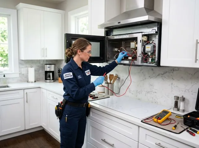 Appliance Repair Hero technician testing an over-the-range microwave in a Amherst, OH kitchen