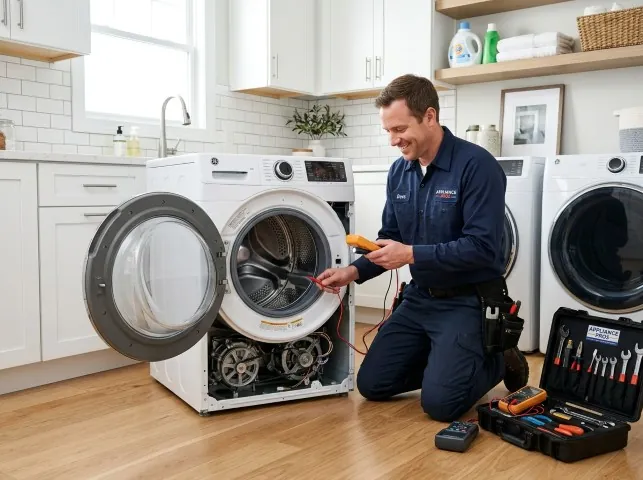 Appliance Repair Hero technician testing a front-load washer with a multimeter on a Amherst, OH service call